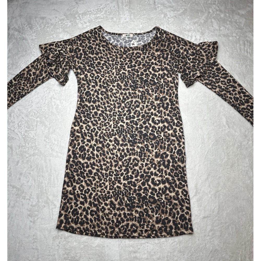 First Love Women's Small Leopard Long Sleeve Pockets Scoop Neck Short Dress NEW